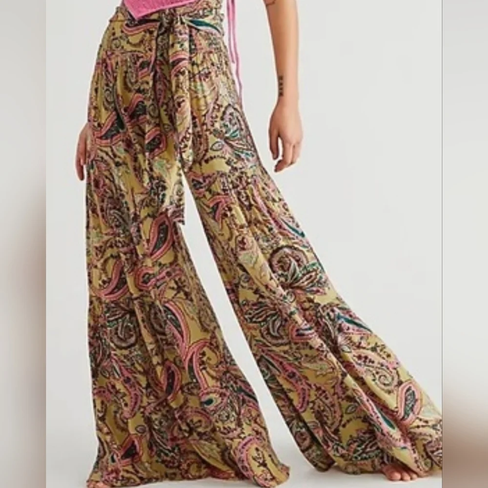 Free People One "ALOHA" Flowy PALLAZO High Waist Pants L Large - Picture 1 of 10